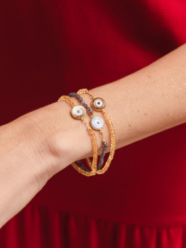 Pulseira Lucky Pedrinhas Naturais + Olho Grego Murano em Ouro 18k B Gold Joias