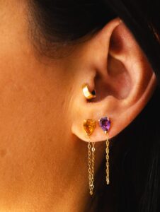 brinco gota com fio em ouro18k com pedra citrino ou ametista B Gold Joias