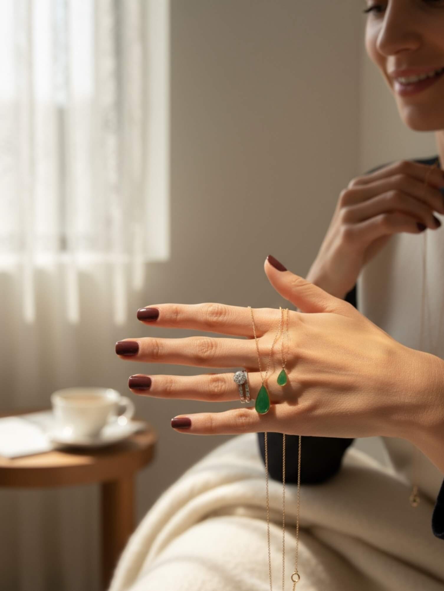 Colar comprido com esmeralda em formato de gota em ouro 18k